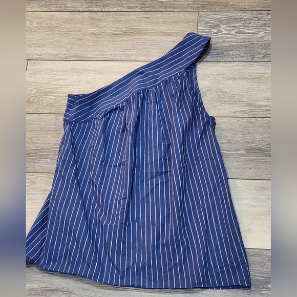 Parker One Shoulder Dark Blue Striped 100% Cotton Top - Picture 3 of 7